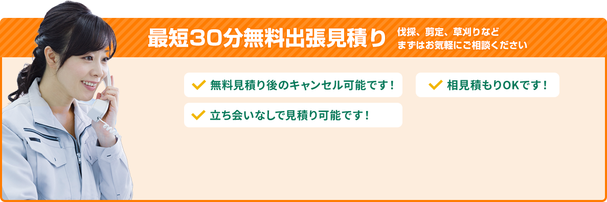 伐採、剪定、草刈りなどまずはお気軽にご相談ください 最短30分無料出張見積り 無料見積り後のキャンセル可能です！ 立ち会いなしで見積り可能です！ 相見積もりOKです！